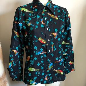 Vtg Colorful Birds Shirt Black and Teal Polyester M